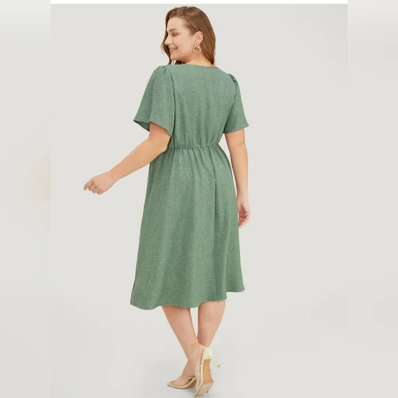 BloomChic Size 26 Sage Green Midi Dress Pintuck V-Neck Plus Size Spring - Picture 5 of 7